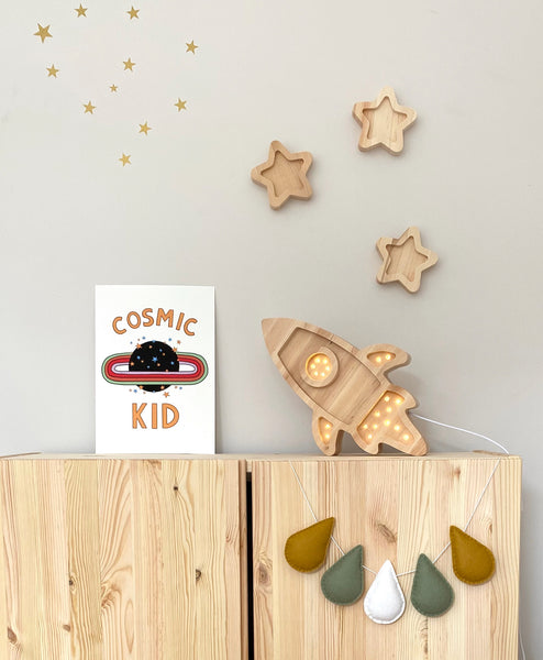 Rocket and Stars Wooden Lamp