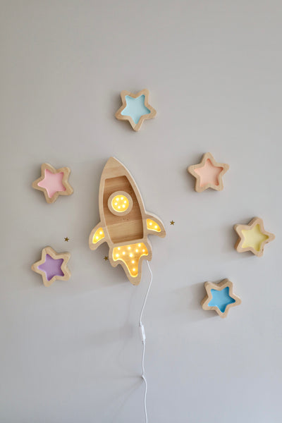 Rocket and Stars Wooden Lamp