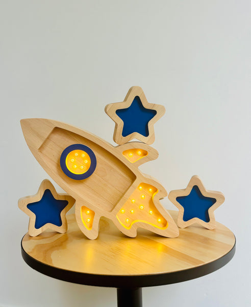 Rocket and Stars Wooden Lamp