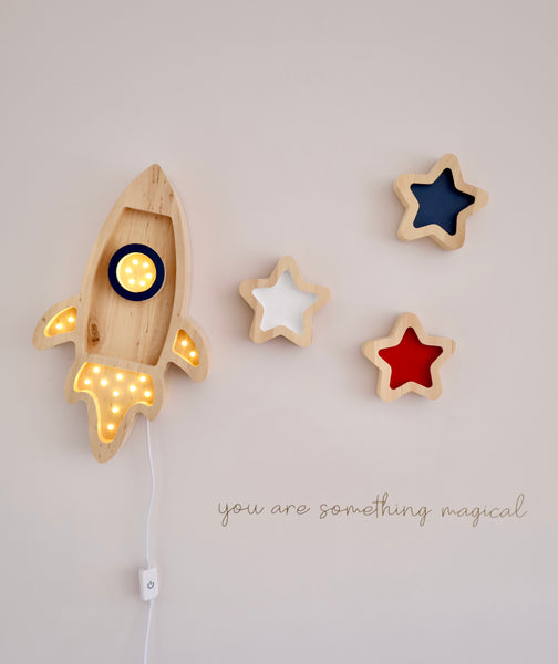 Rocket and Stars Wooden Lamp