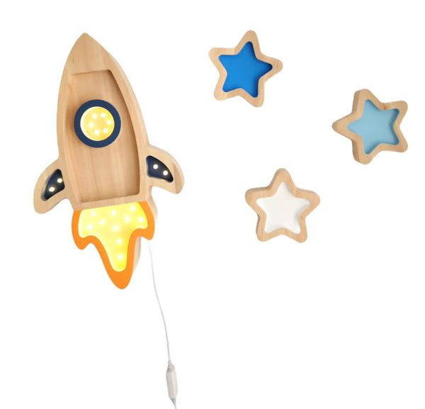 Rocket and Stars Wooden Lamp